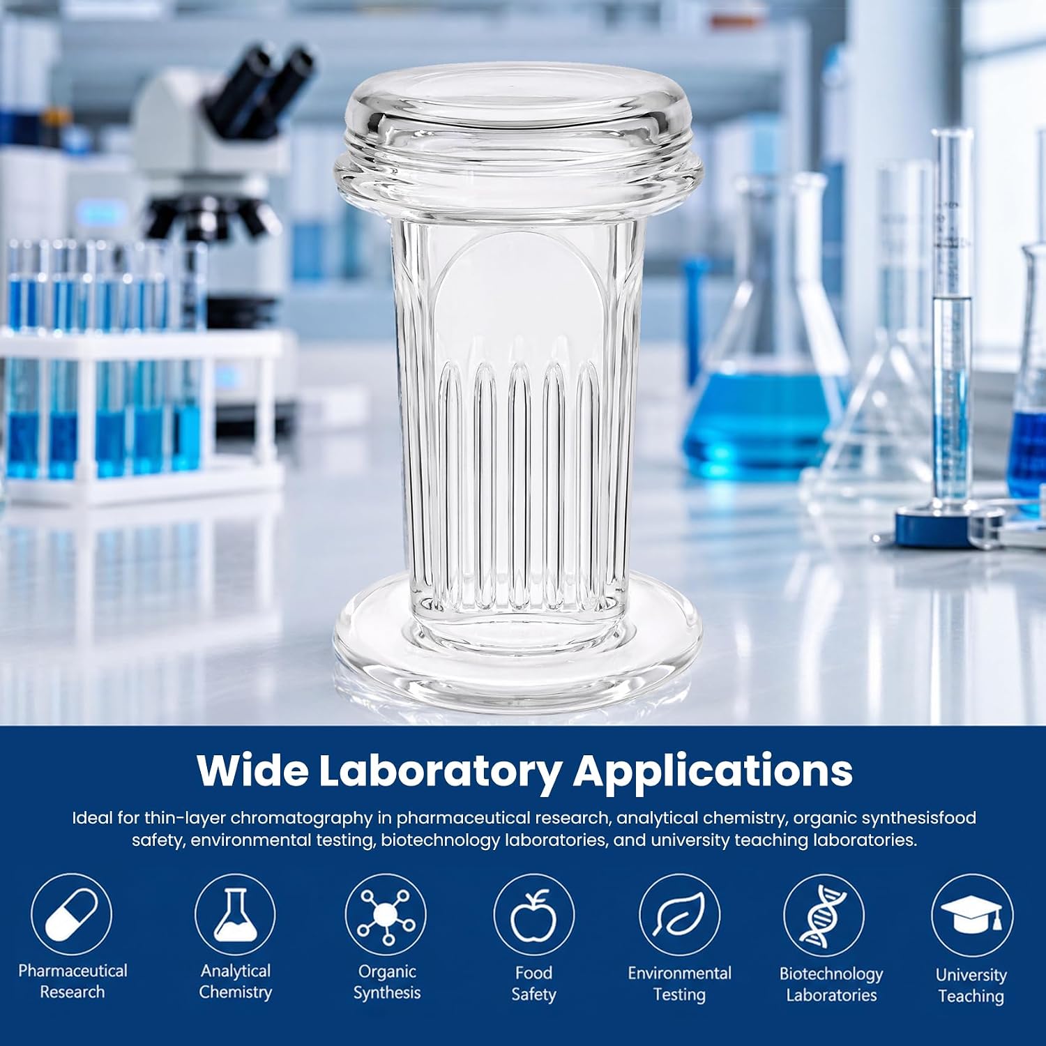 TLC Developing Chamber, 109mm x 67mm Clear Borosilicate Glass Thin Layer Chromatography Tank with Flat Bottom, Solvent-Saving Compact Design for Laboratory Research, 1-Pack