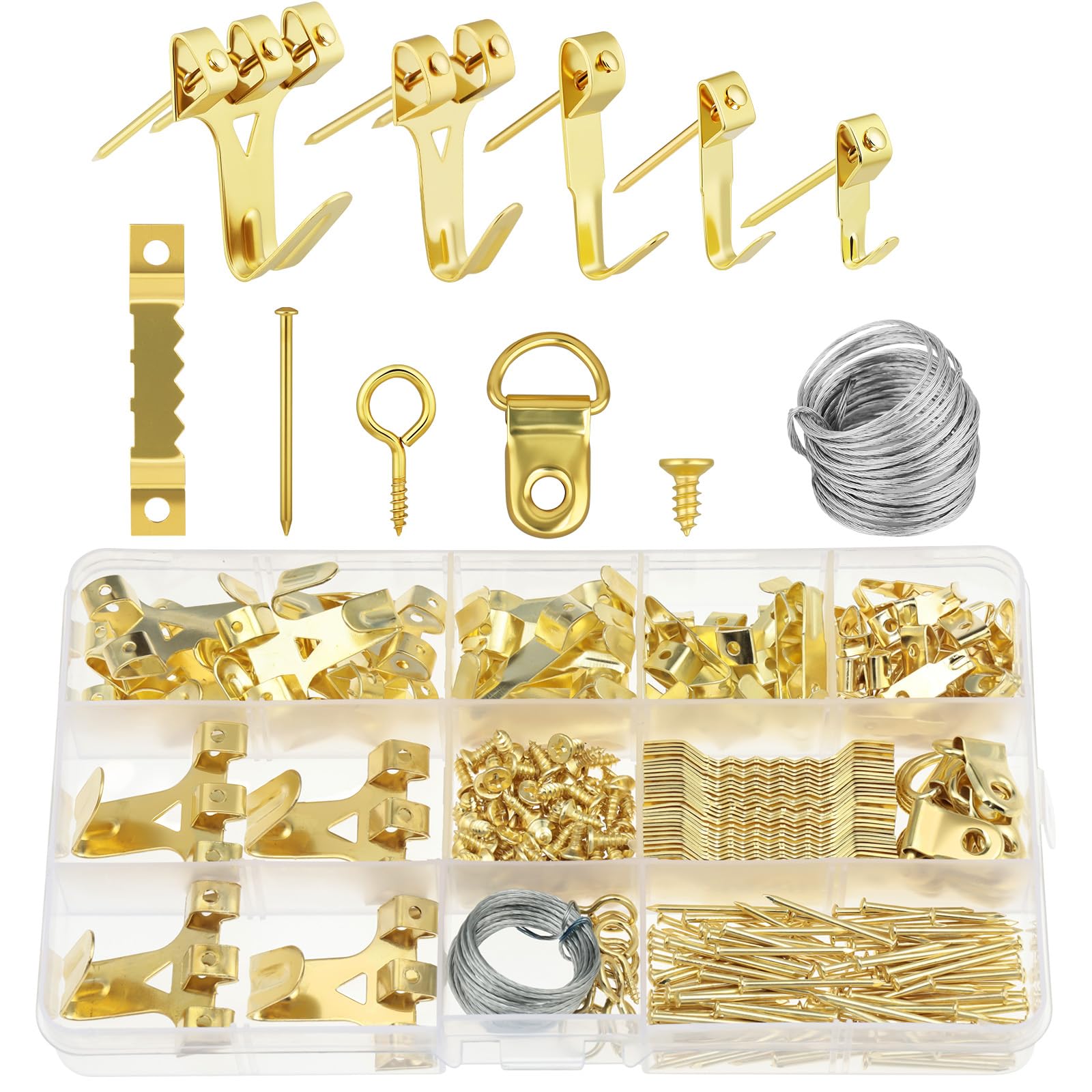 AYESY Picture Hooks for Hard Walls, 282PCS Heavy Duty Picture Hanging Kit with 62 Hooks, 30 Sawtooth Hangers, Nails, D-Ring, Wire, Screws for Mirrors Frames Painting Plasterboard Walls