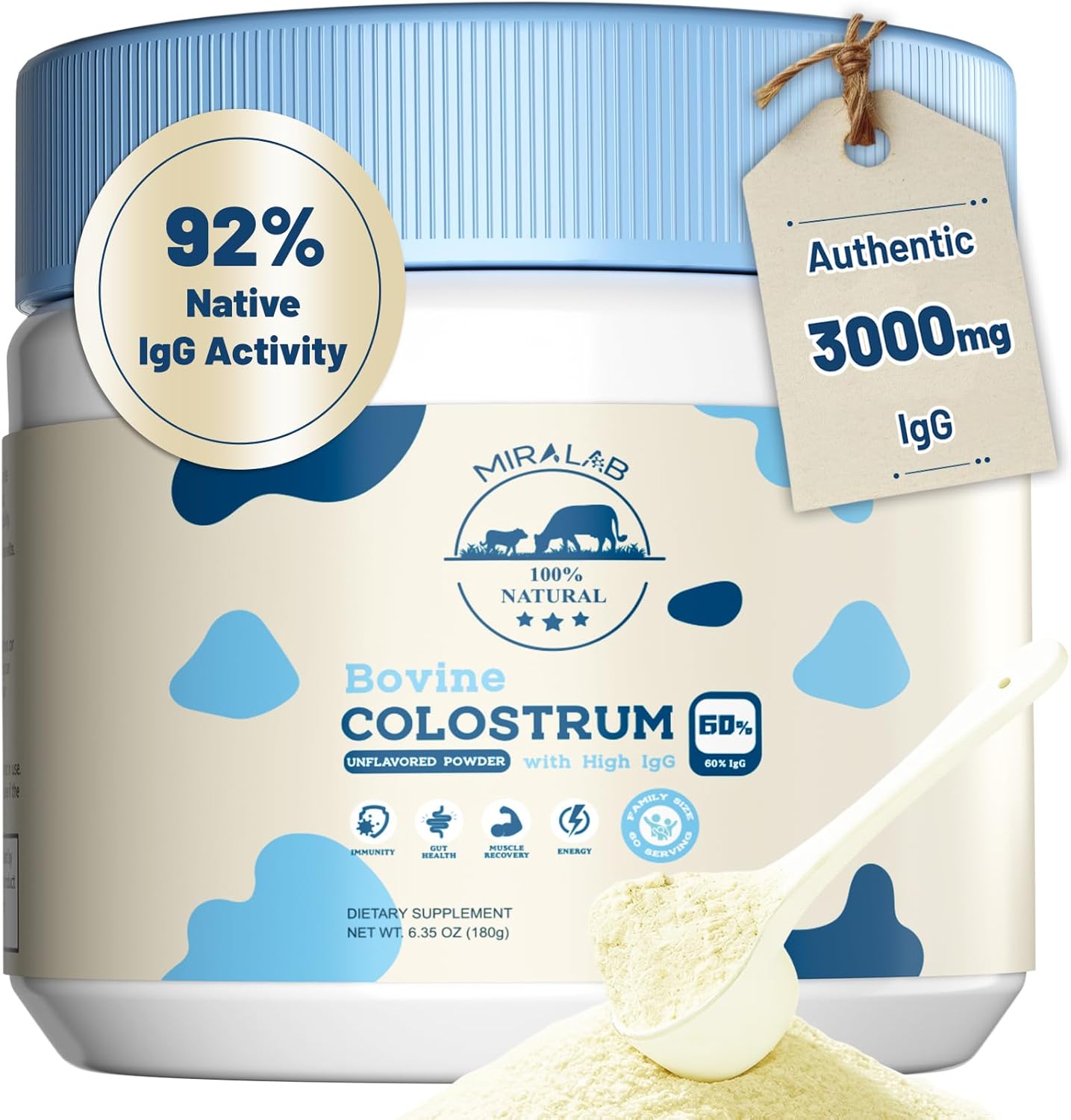 Bovine Colostrum Powder Supplememnt for Men & Women: 60% IgG 3000mg | Gut Health, Hair Health & Beauty | Organic Grass-Fed | Low-Temp Freeze-Dried | Unflavored Easy-Mix | 60 Servings