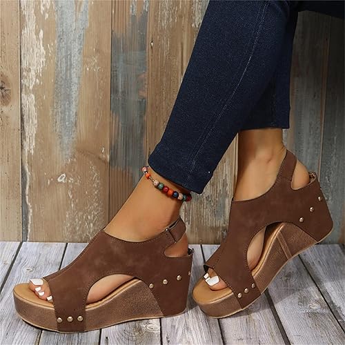Miniatura 10 de Sandalias de cuña para mujer, sandalias de plataforma con punta abierta, correa al tobillo, sandalias de cuña de cuero, sandalias casuales de cuña