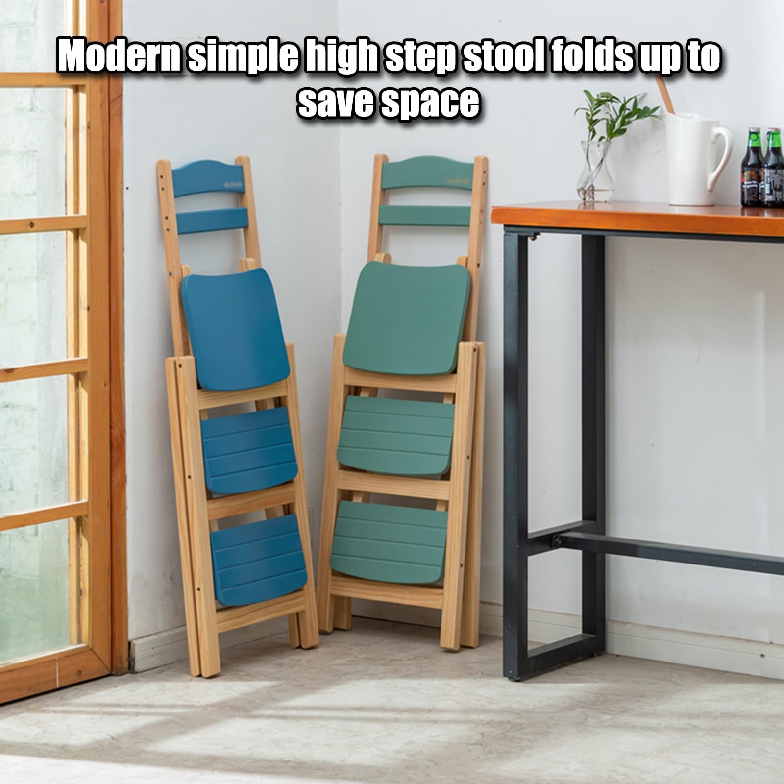 Sgabello da Bar Pieghevole in Legno massello, Alto, Stile retrò, con gradini, per Cucina, Multifunzionale, con Scala a 3 gradini in Legno, Decorativo, Portatile, Pieghevole e con ripiano por