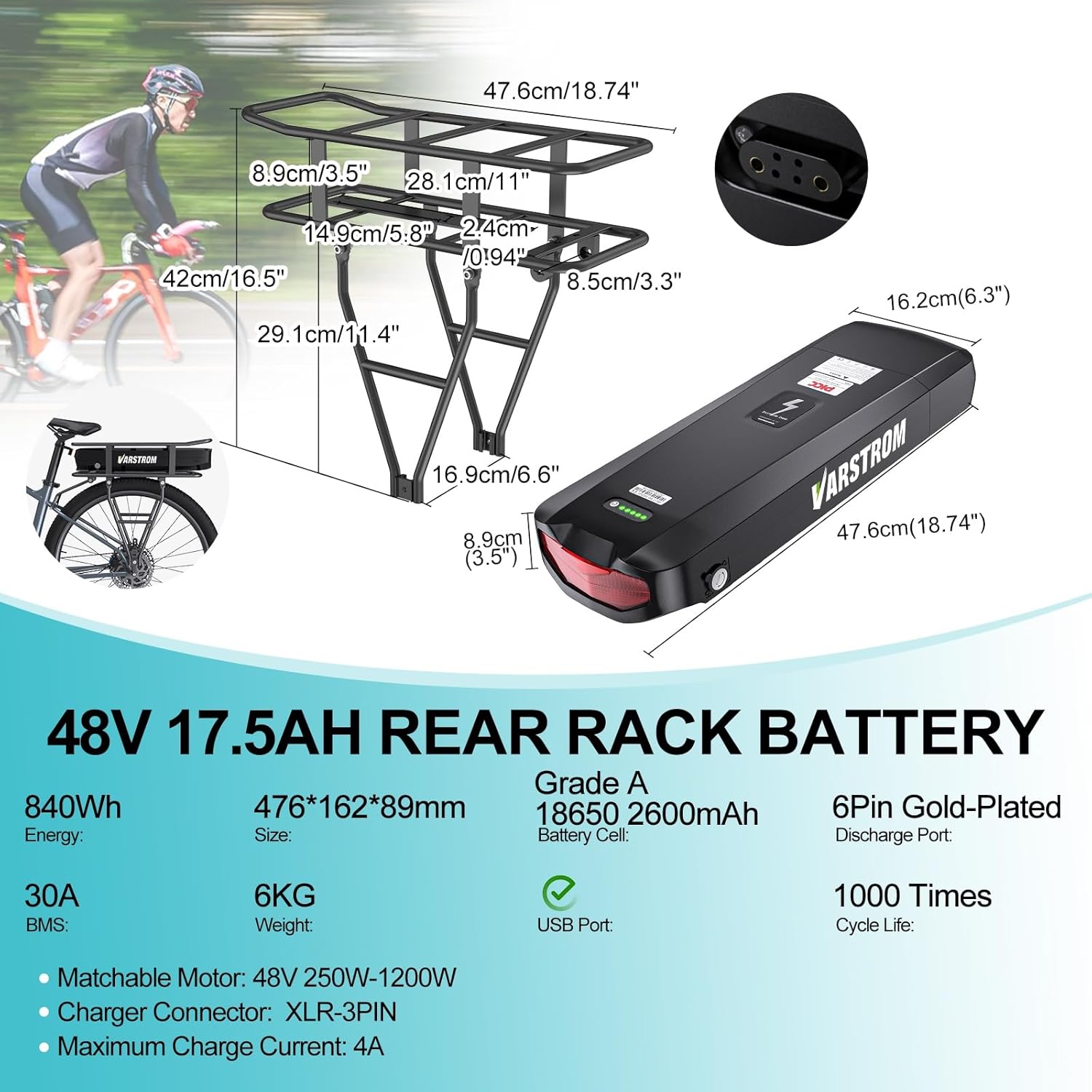 Diagram showing dimensions of the Varstrom 48V 17.5Ah Rear Rack Ebike Battery and its rack