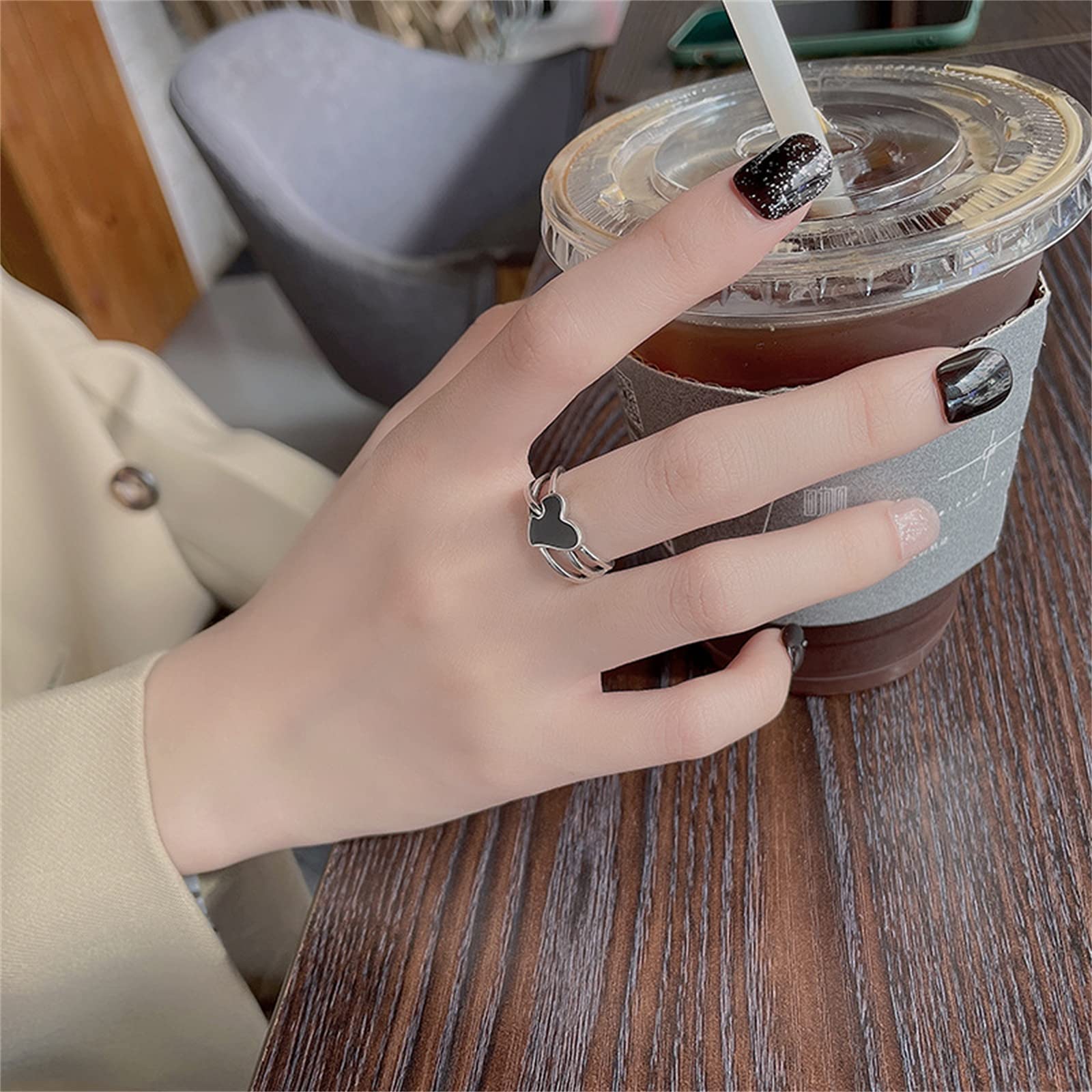 HMJGDHX S925 Sterling Retro wielowarstwowy czarny emaliowany pierścionek w kształcie serca moda hip-hop otwarty regulowany pierścionek odporny na matowienie dopasowany pierścionek z obrączką,