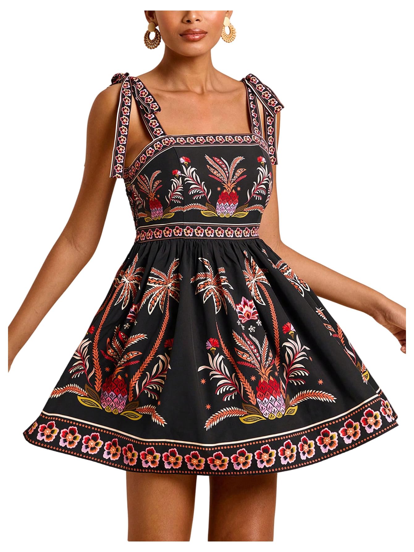 Women's Floral Tie Shoulder Boho Dress Sleeveless Smocked Ruffle Summer Mini Dresses