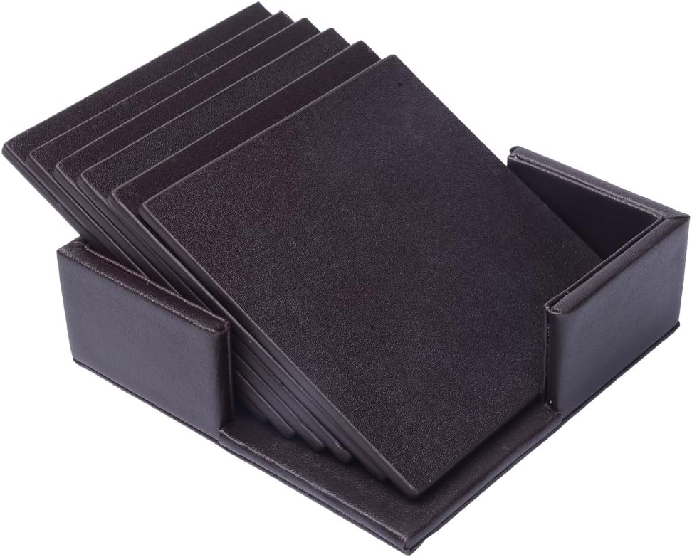 Coasters for Drinks, 6 PCS Premium PU Leather Coaster with Holder, Heat Resistant Cup Mat Pad - Protect Furniture from Stains Water Rings and Damage, Housewarming Gift - Square Brown