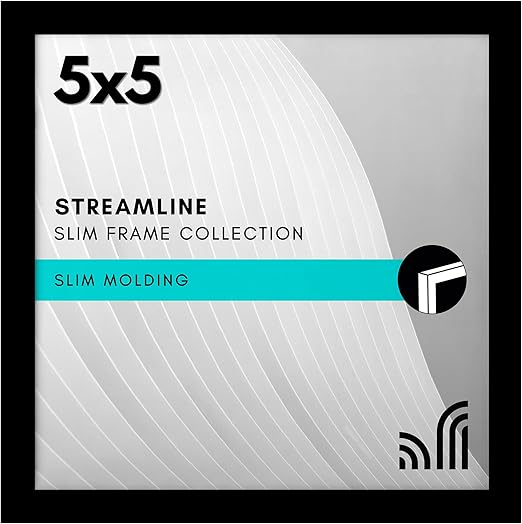 Americanflat 5x5 Picture Frame with Shatter-Resistant Glass - Streamline Collection - Thin Border Square Frame for Tabletop and Wall Display - Hanging Hardware and Easel Stand Included - Black