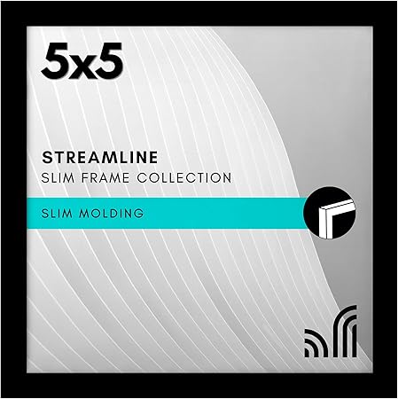 Americanflat 5x5 Picture Frame with Shatter-Resistant Glass - Streamline Collection - Thin Border Square Frame for Tabletop and Wall Display - Hanging Hardware and Easel Stand Included - Black