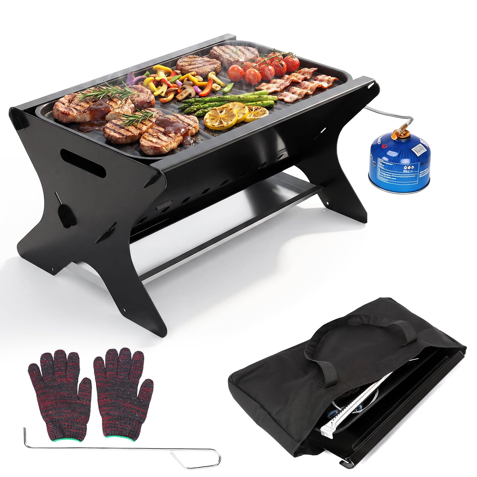 GFTIME Barbecue à gaz portable avec système d'emboîtement, fonctionne au gaz et au charbon de bois - Avec plaque de cuisson en fonte, sac de transport, barbecue à gaz mobile, parfait pour le camping