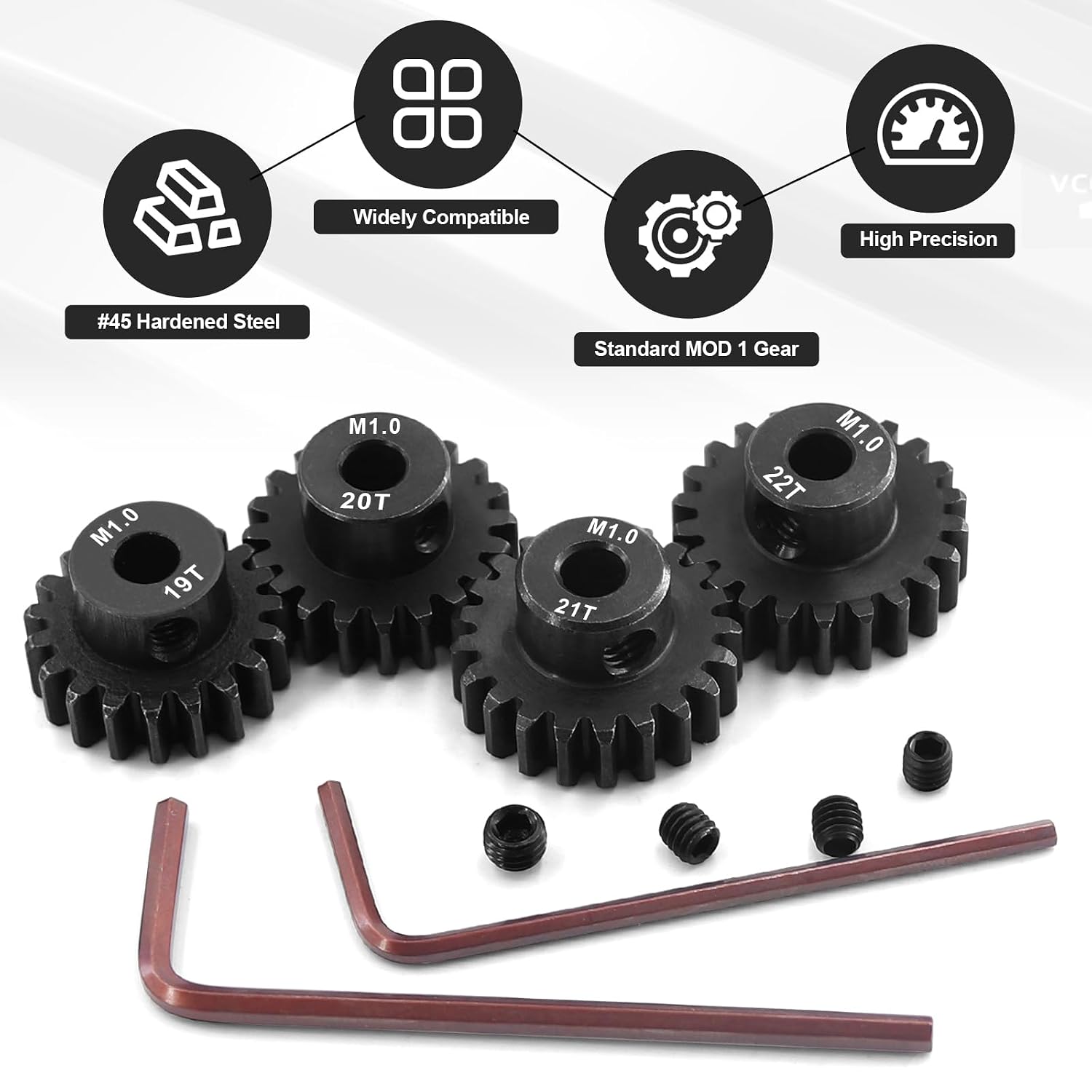 OGRC 4PCS Mod 1 Pinion Gear Hardened Steel 5mm Motor Shaft Gear Set 19T 20T 21T 22T M1 Pitch Gears for 1/8 1/10 RC Car