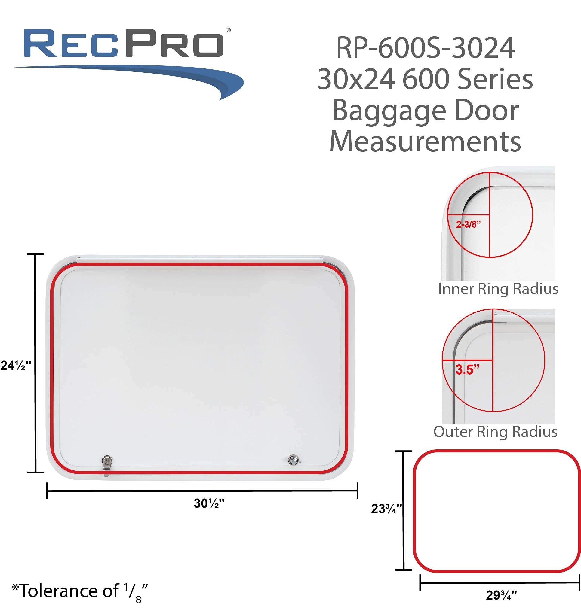 RecPro RV Baggage Door 30" Wide x 24" High with Rounded Corners for RVs