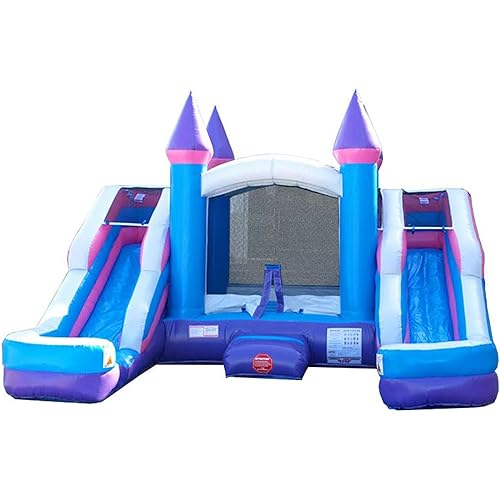 Crossover Original Pink Castle Double Water Slide Bounce House Combo, 16.5 x 15 x 11 Foot, PVC Vinyl Inflatable Bouncy House for Kids, Wet or Dry Slides, with Stakes, Storage Bag and 1 HP Blower
