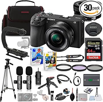 Sony a6700 Mirrorless Camera with 16-50mm Lens Bundle + Wireless Microphone System + Accessory Package Including 64GB Extreme Memory, U-Grip, Case, Tripod, Software and More 30 Items