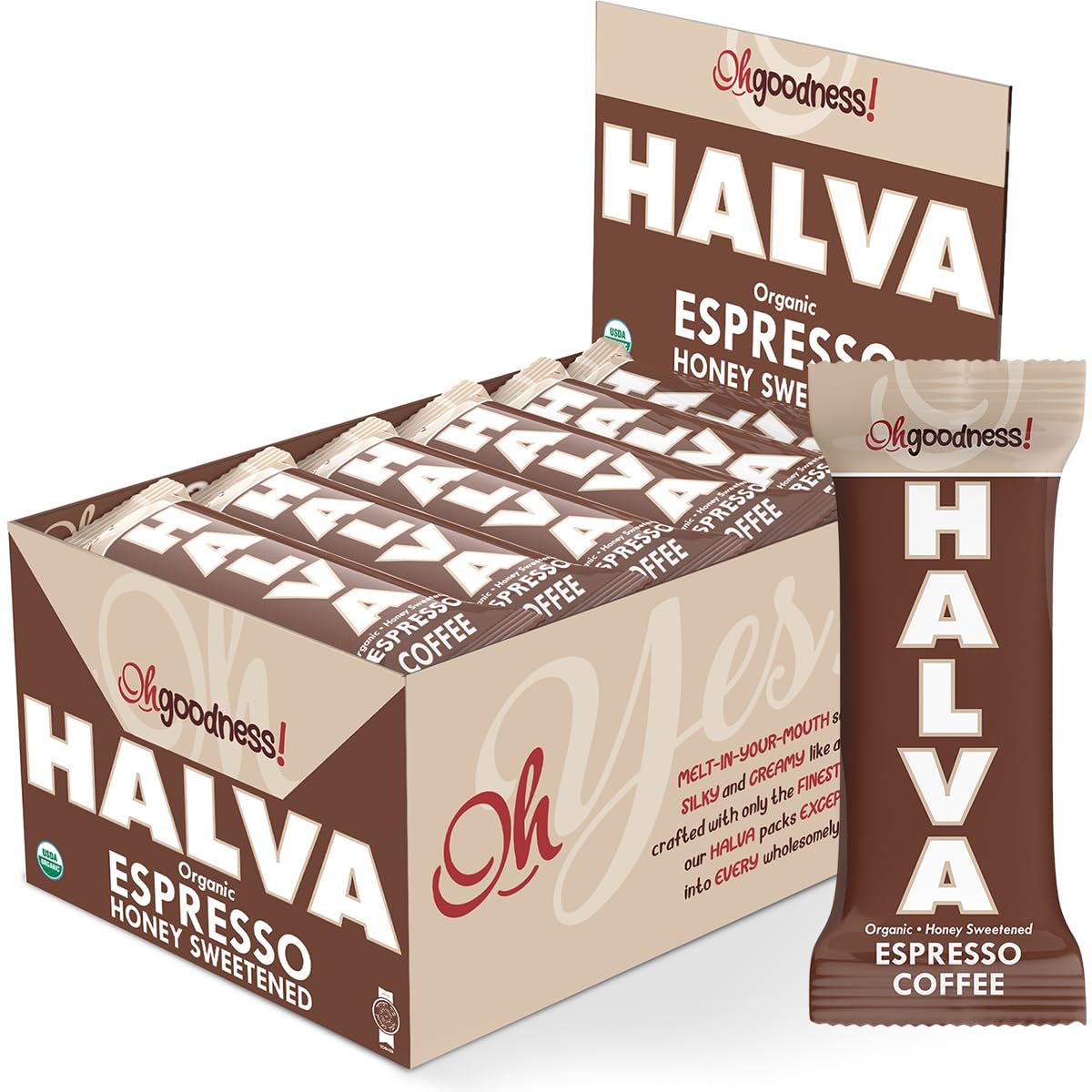Oh, Goodness! Organic Halva Bars - Paleo Friendly, Espresso Flavor - 16 Pack of 40g Bars, No Additives, Refined Sugar, or Artificial Sweeteners