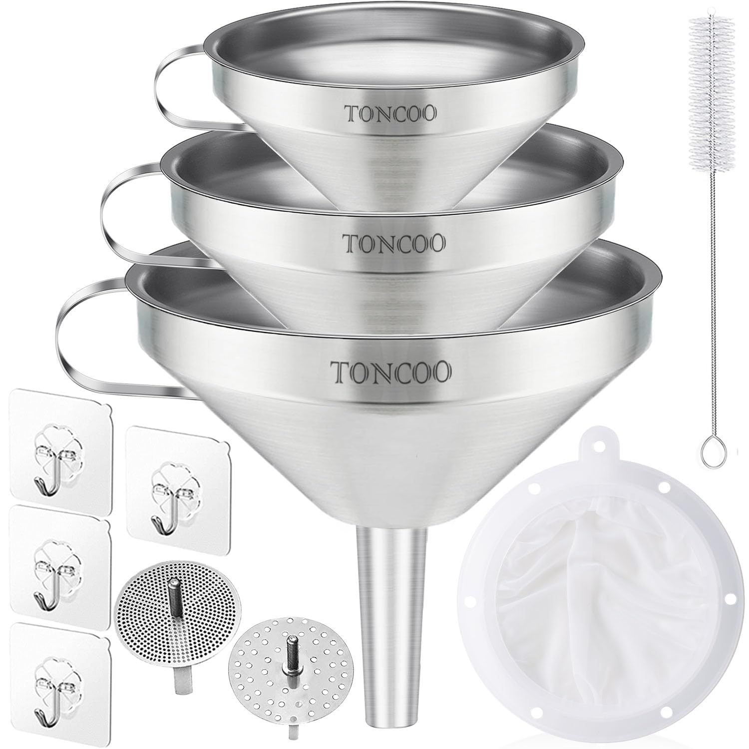 Toncoo 3 Pack Stainless Steel Funnels for Kitchen Use, Food Grade Cooking Funnel with 3 Strainer, Kitchen Funnel Set Metal Funnels for Filling Bottles