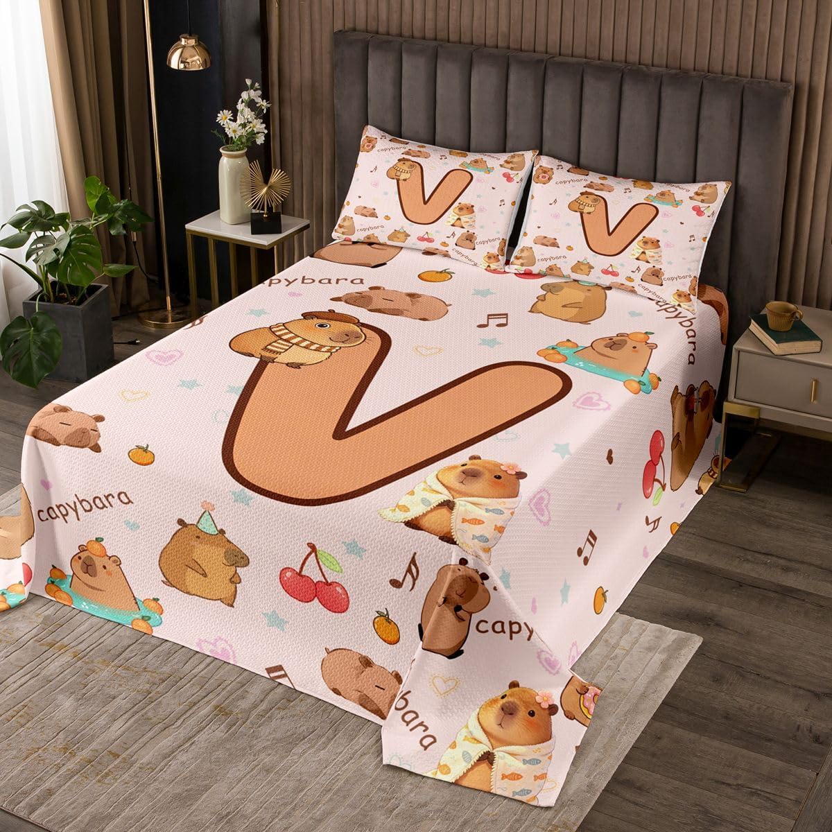 jejeloiu Cartoon Capybara Bedspread Twin Size Initial Letter V Coverlet Set Cute Animals Quilted Coverlet for All Season with 1 Pillowcase Capybara Lovers Microfiber Lightweight