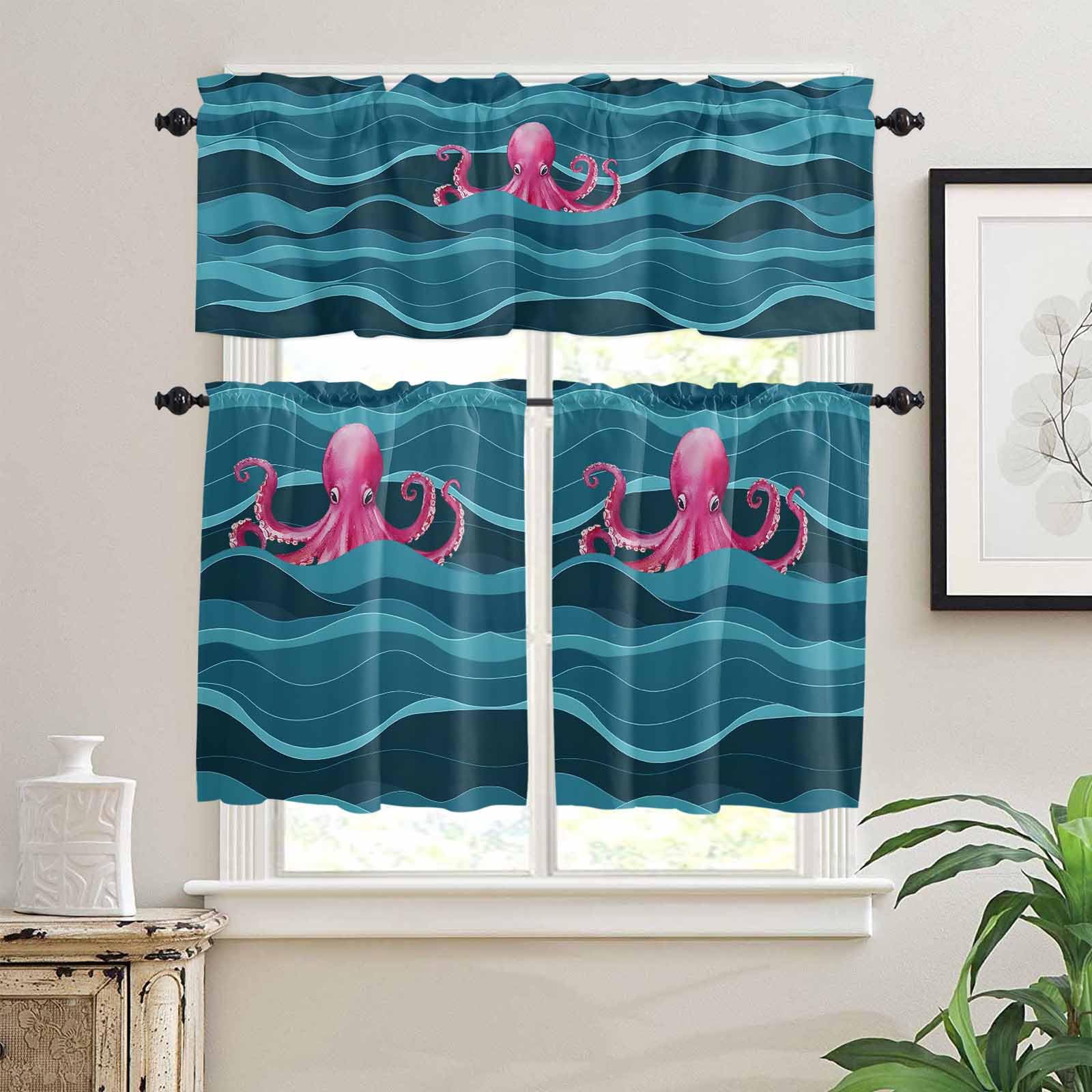 Ocean Octopus Kitchen Curtains 24 Inch Length, 3 Piece Rod Pocket Small Half Tiers and Valance Set, Coastal Nautical Teal Waves Small Large Window Treatment Decor for Bedroom/Bathroom Sink