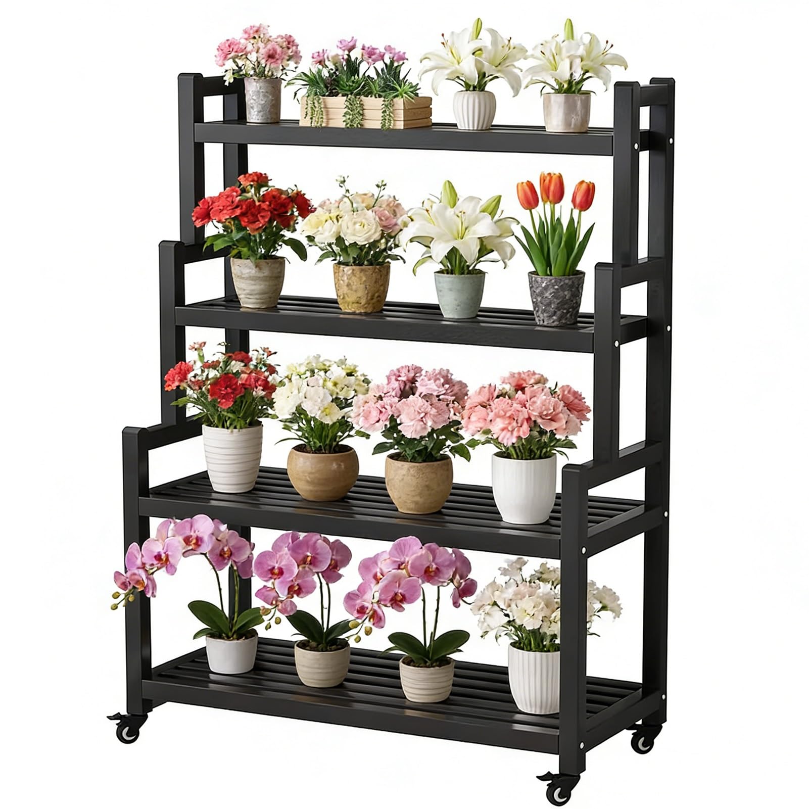 DMCHENGMA Plant Stand Indoor 4 Tier Multiple Pots Plant Shelf Black Metal Wrought Iron Display Flower Holder with Wheels and Brakes Ladder Shape Rack(100x40x145cm)