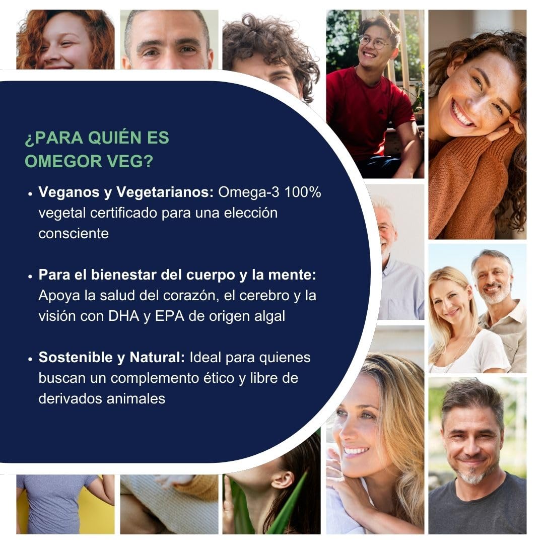 Omega 3 Vegano OMEGOR Veg (60 Cápsulas) Omega3 Algas Marinas Certificado IFOS y Vegan Society - EPA y DHA con Vitamina E