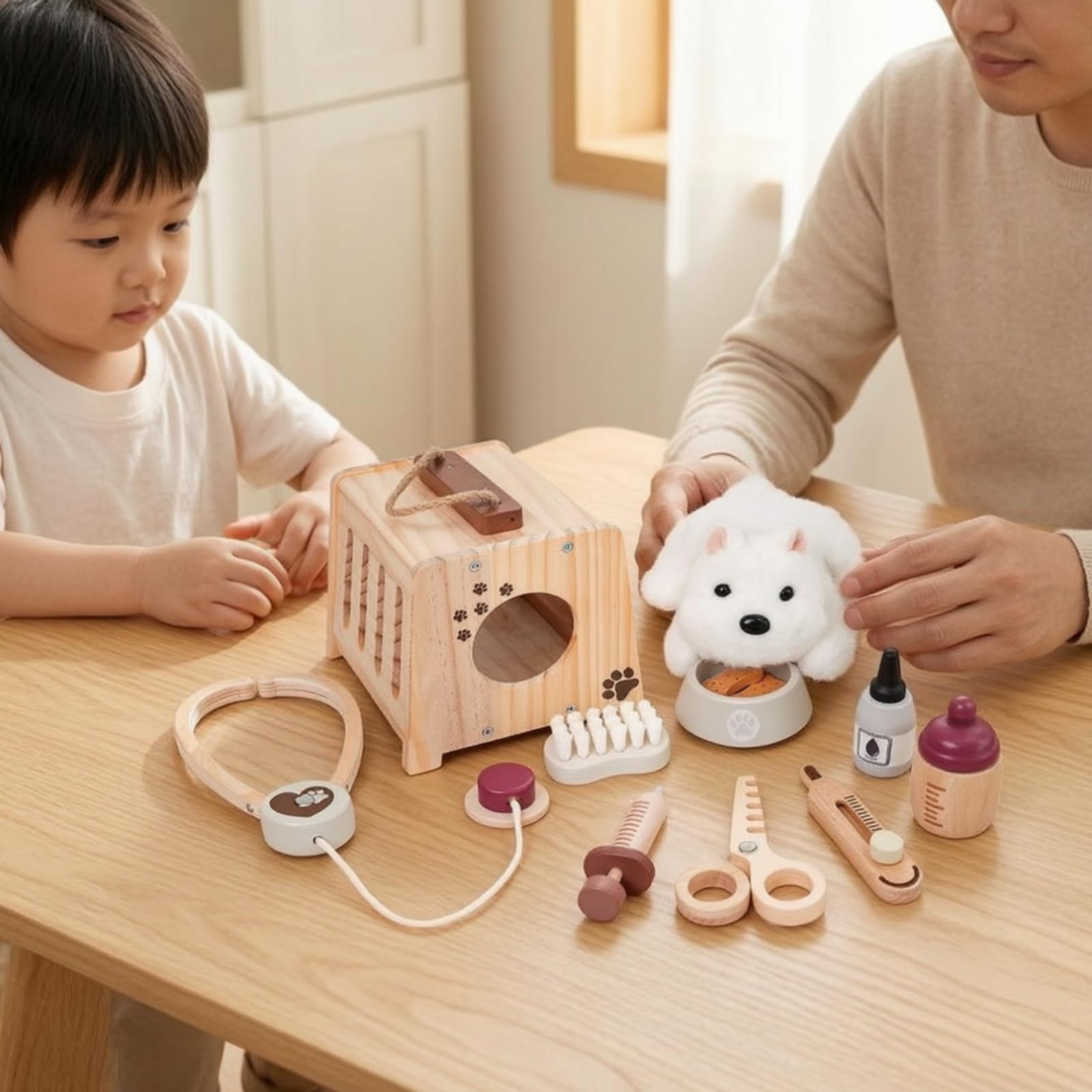 Amagogo Gioco Veterinario Bambini Kit Dottore Animali Valigetta Legno Portatile Pupazzo Peluche Accessori Medici Ciotola Spazzola Narrazione Creativa Adatto