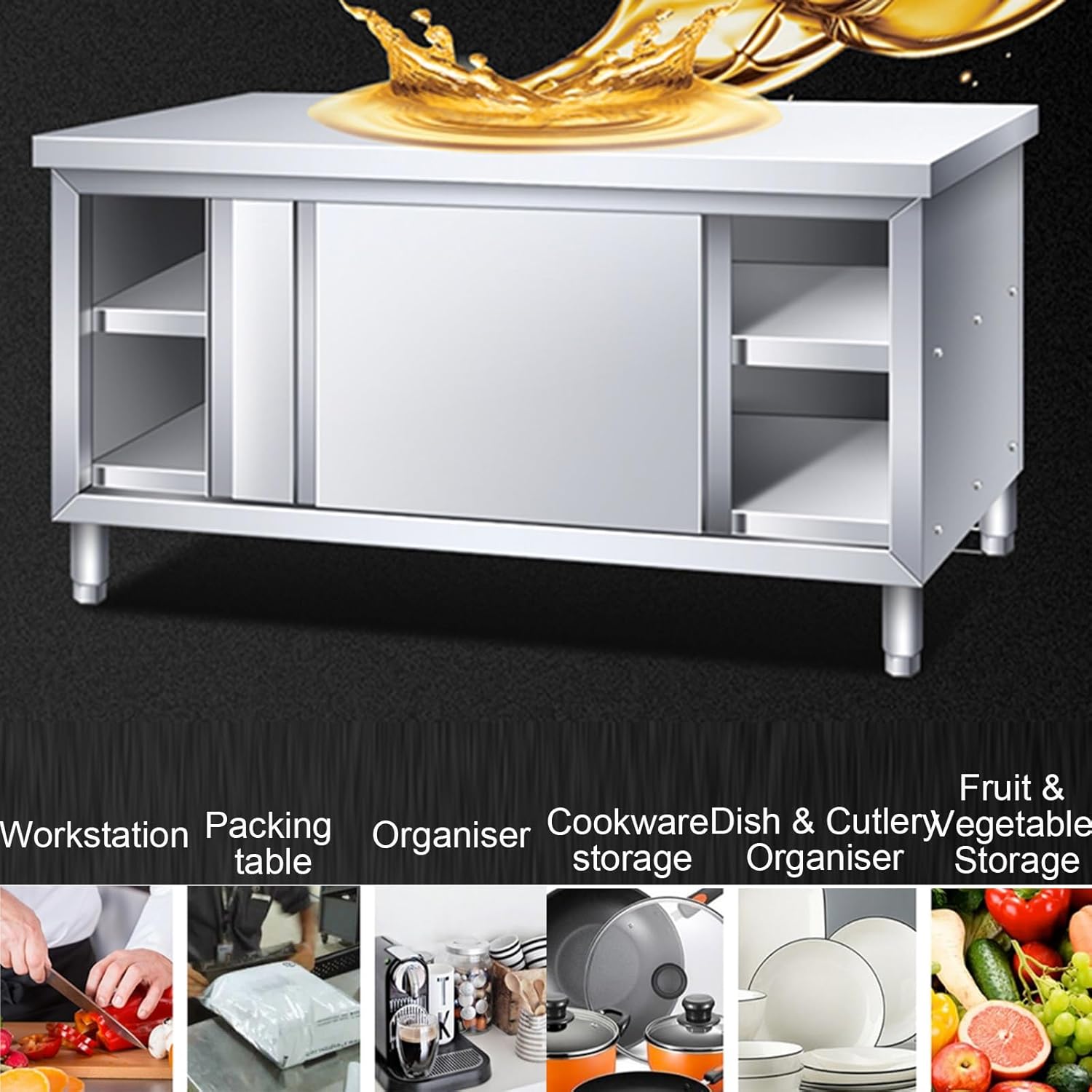 Double Pass Four Sliding Door Work Table Commercial Stainless Steel Cooking Workbench with Adjustable Bottom Corners and Reinforced Cross Board Storage Cabinet Kitchen Chopping Table Prep Table(100x60