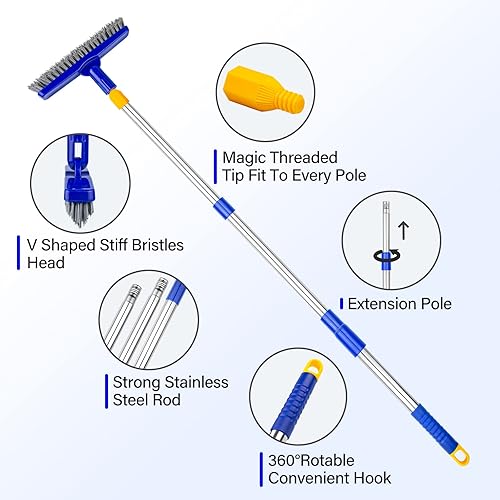 Miniatura 4 de ITTAR Cepillo de lechada con mango largo ajustable, cepillo giratorio para fregar en forma de V, con cerdas rígidas para limpieza profunda de