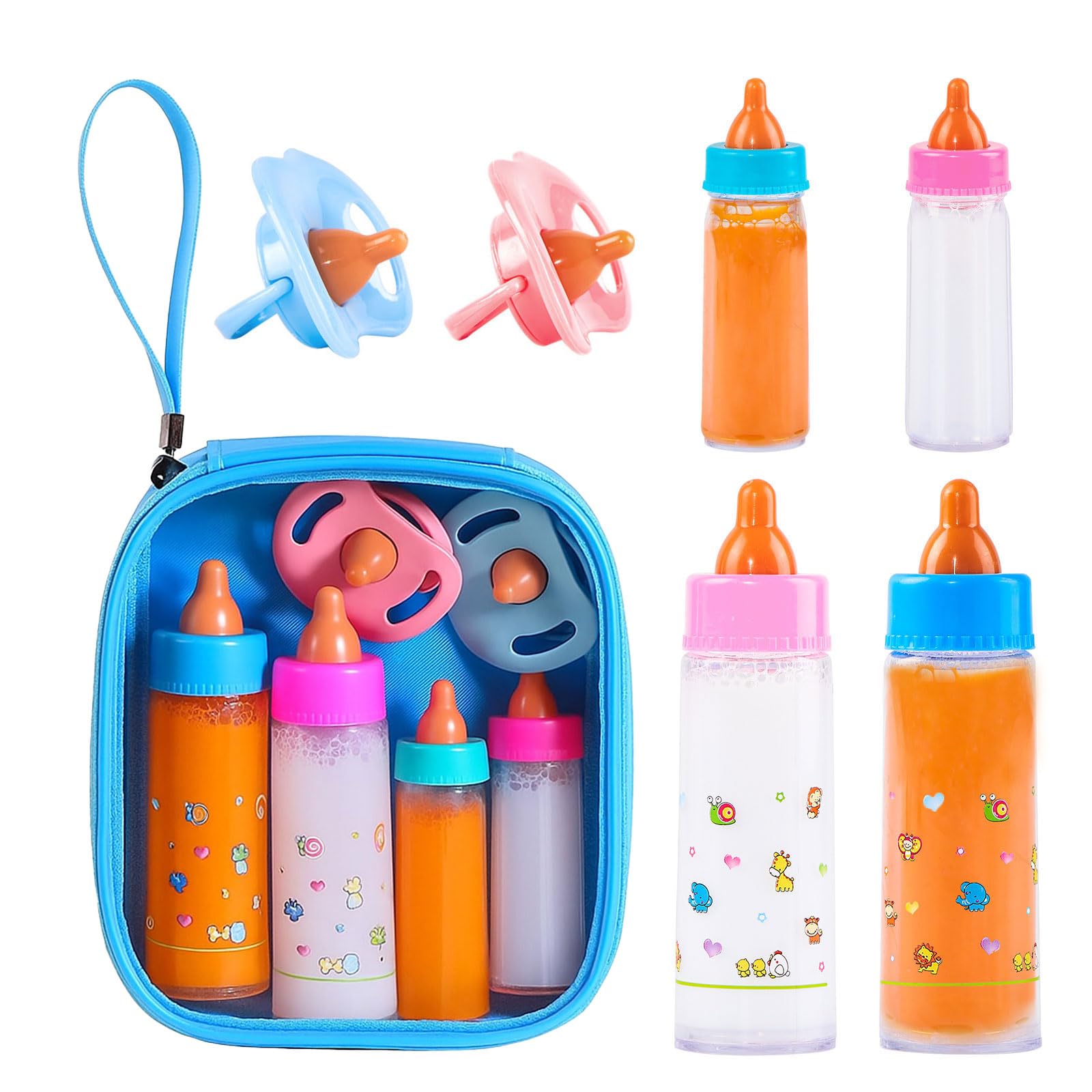 SCOM Baby Doll Bottle Accessories - 6 Pcs Feeding Bottle Toys, Magic Disappearing Milk & Juice, Pretend Play Set with Pacifiers Kids Gift Blue