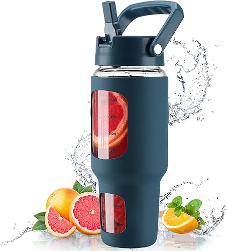 kytffu Vaso de vidrio de 40 onzas con popote y tapa, taza de café helado reutilizable con asa y funda de silicona, botellas motivacionales con