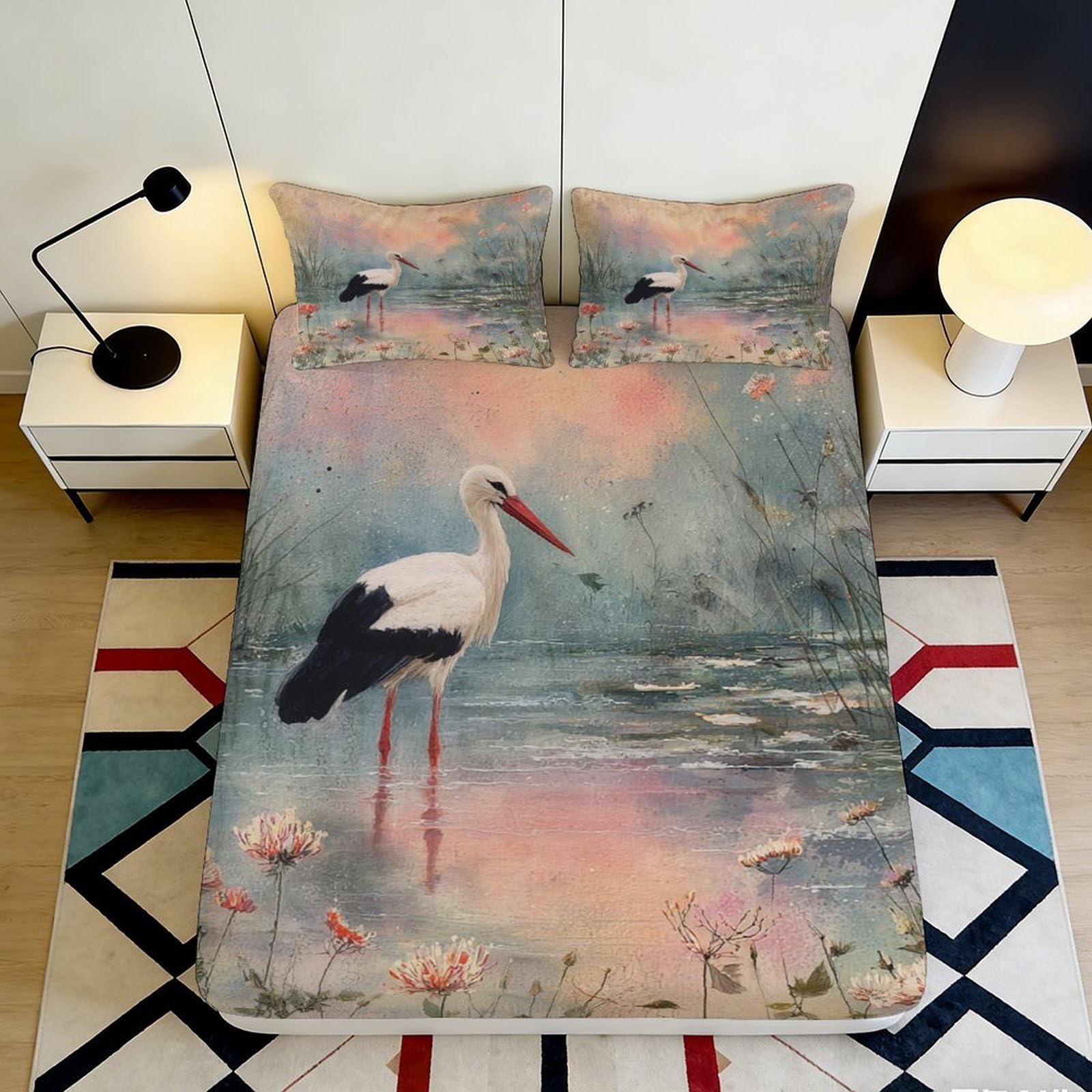 Jqzkxnhpbr Style-8 3D Printed Crane Lake Fitted Sheet Microfiber Soft Watercolor Sunset Bed Cover For Bedroom Dorm Mattress Protection Decor 90X200x25cm