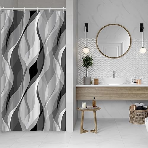 Miniatura 2 de Cortina de ducha gris, moderna cortina de ducha abstracta a rayas negras y grises para baño, cortina de ducha impermeable con ganchos, 48 x 72