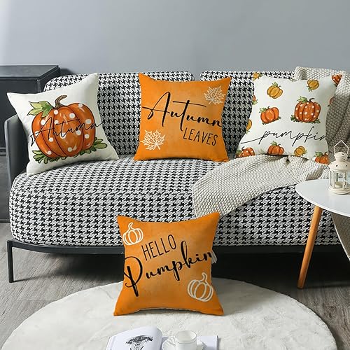 Miniatura 7 de Juego de 4 fundas de almohada de otoño de 18 x 18 pulgadas, diseño de calabaza de otoño, Acción de Gracias, fundas de almohada decorativas para