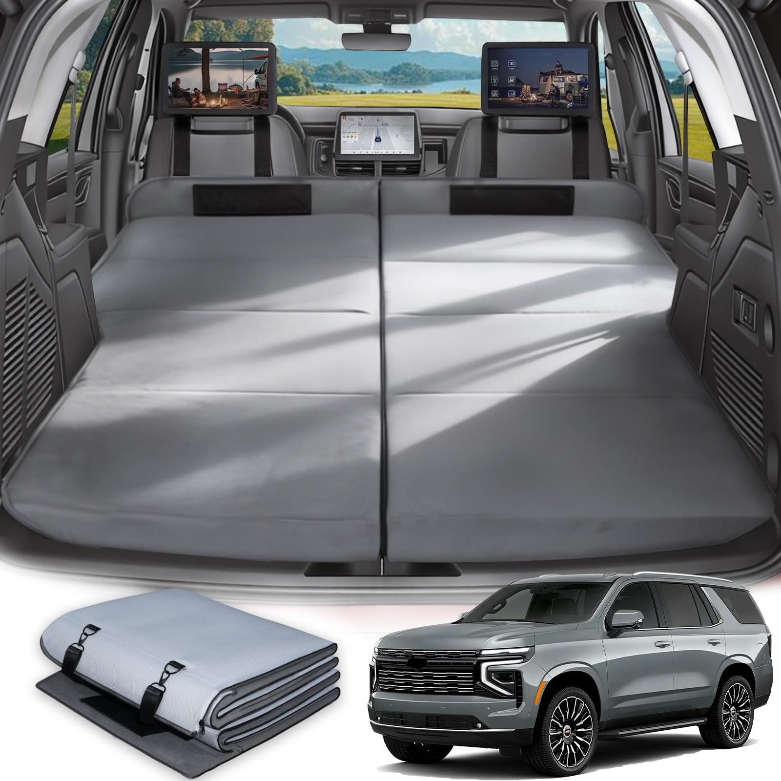 Car Bed for Chevy Tahoe, Foldable Non-Inflatable Soft Foam Camping Mattress, Thickened Portable SUV Trunk Sleeping Pad, Air Mattress Upgrade for Camping Essentials, Outdoor Sleeping Bed