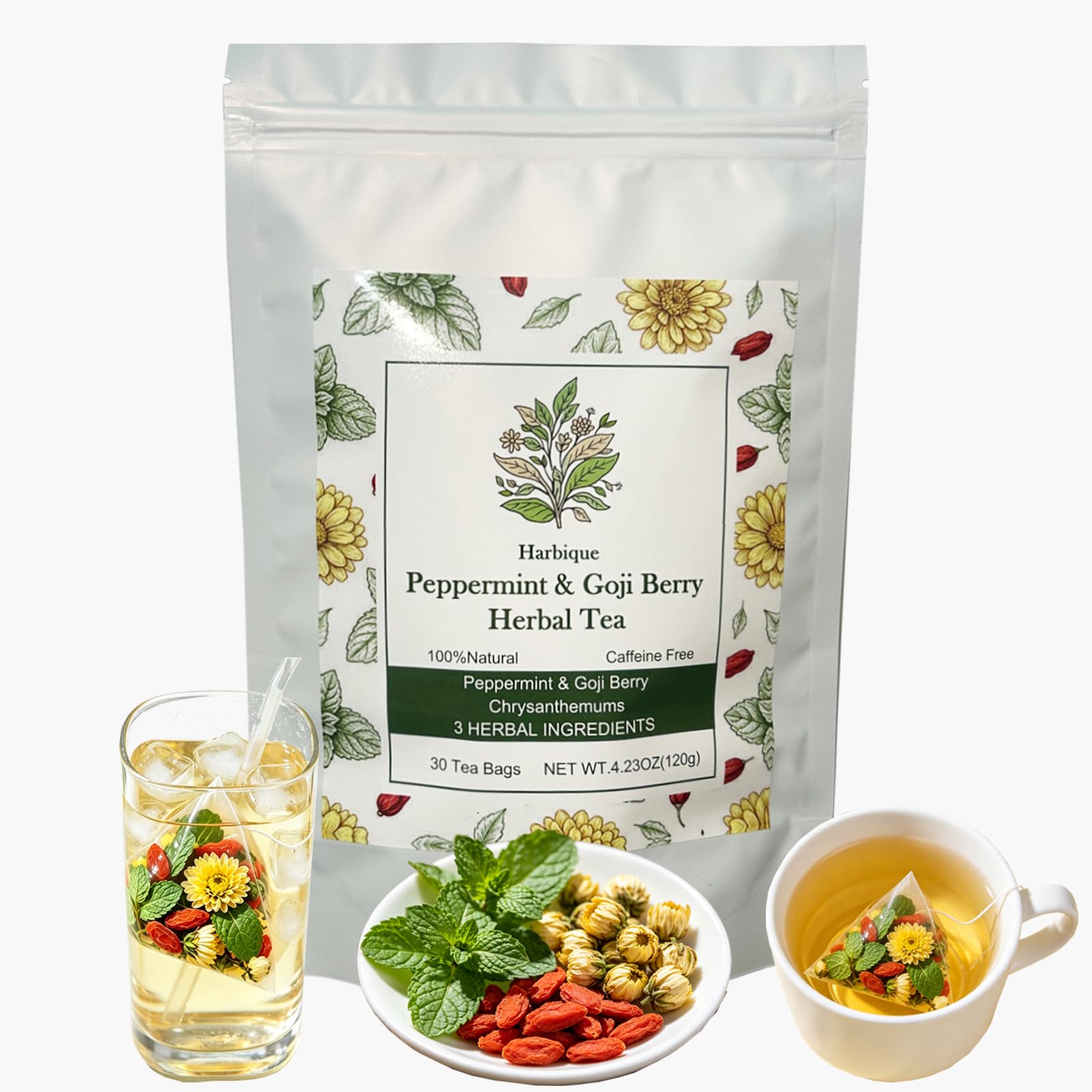 Harbique Peppermint Herbal Tea, Chrysanthemum Goji Blend, Plastic-Free Compostable Pyramid Bags, Hot Iced Cold Brew Summer Drink, 30 Count