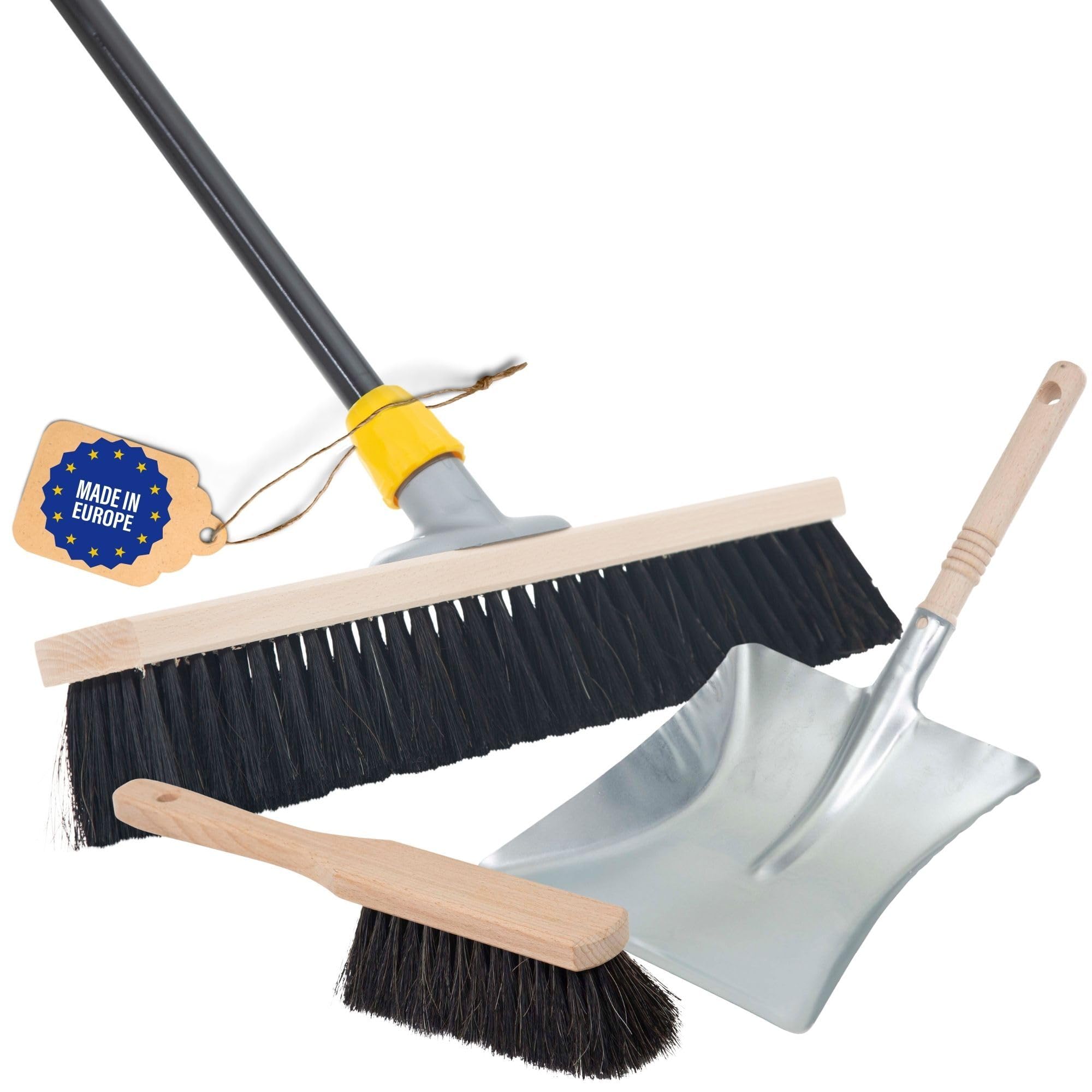 Novaliv Großer Besen 60 cm mit Stiel Haarmischung Saalbesen inkl. Kehrgarnitur verzinkt bestehend aus Kehrblech und Handfeger Besen fein Ideal als Werkstattbesen Hallenbesen Hausbesen mit Stiel
