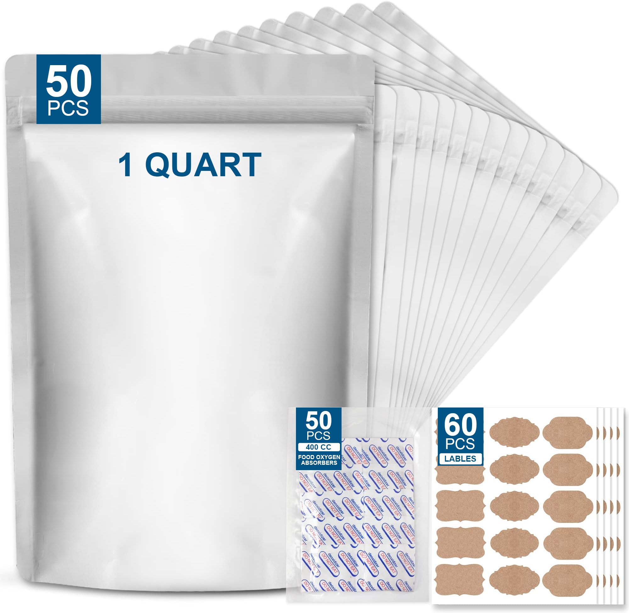 Saviki Mylar Bags for Food Storage,1 Quart(9.44 Mil, 7"x 10") 50 Pack Reusable Mylar Bags with Oxygen Absorber 400cc，Zipper Foil Bags for Long Term Food Storage