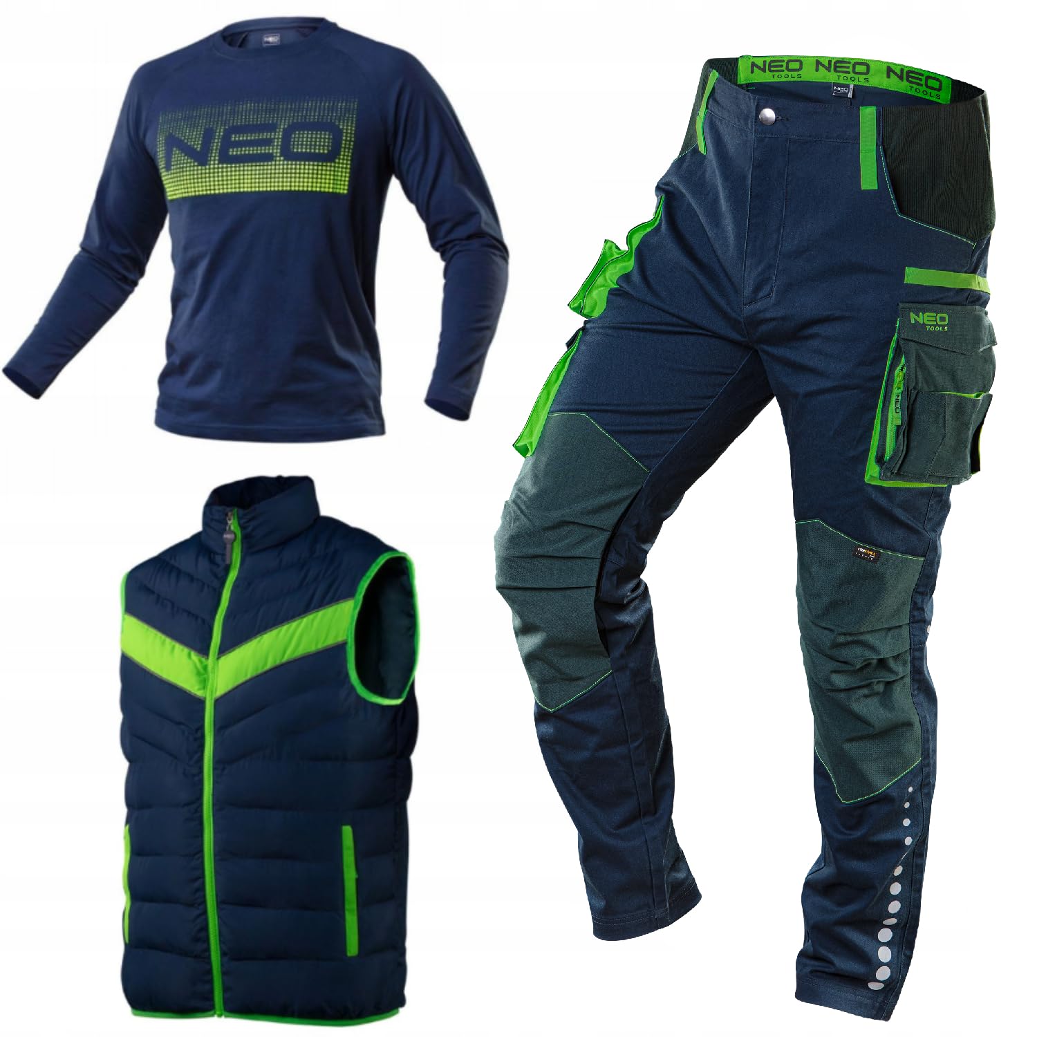 NEO TOOLS Pantalon, gilet de travail et t-shirt à manches longues pour homme Taille S (48) – 3XL (58) / Design tendance, pantalon – Poches de protection des genoux et renforcé en Cordura Doudoune sans