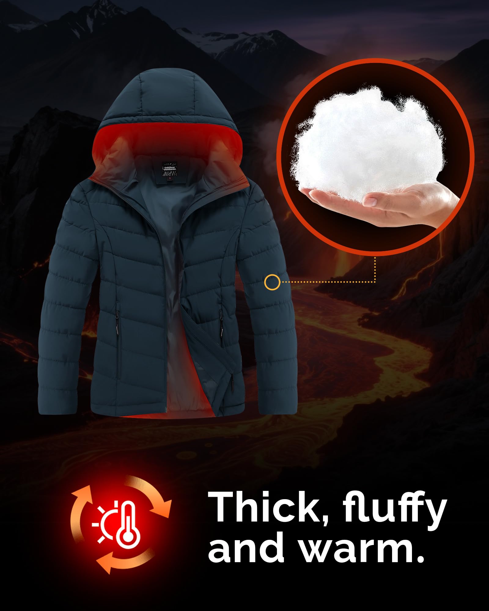 Outdoor Ventures Wodoszczelna kurtka przejściowa, damska, ciepła kurtka zimowa z kapturem, dla kobiet, lekka kurtka pikowana, kurtka buforowa, wędrówki, kemping, podróże