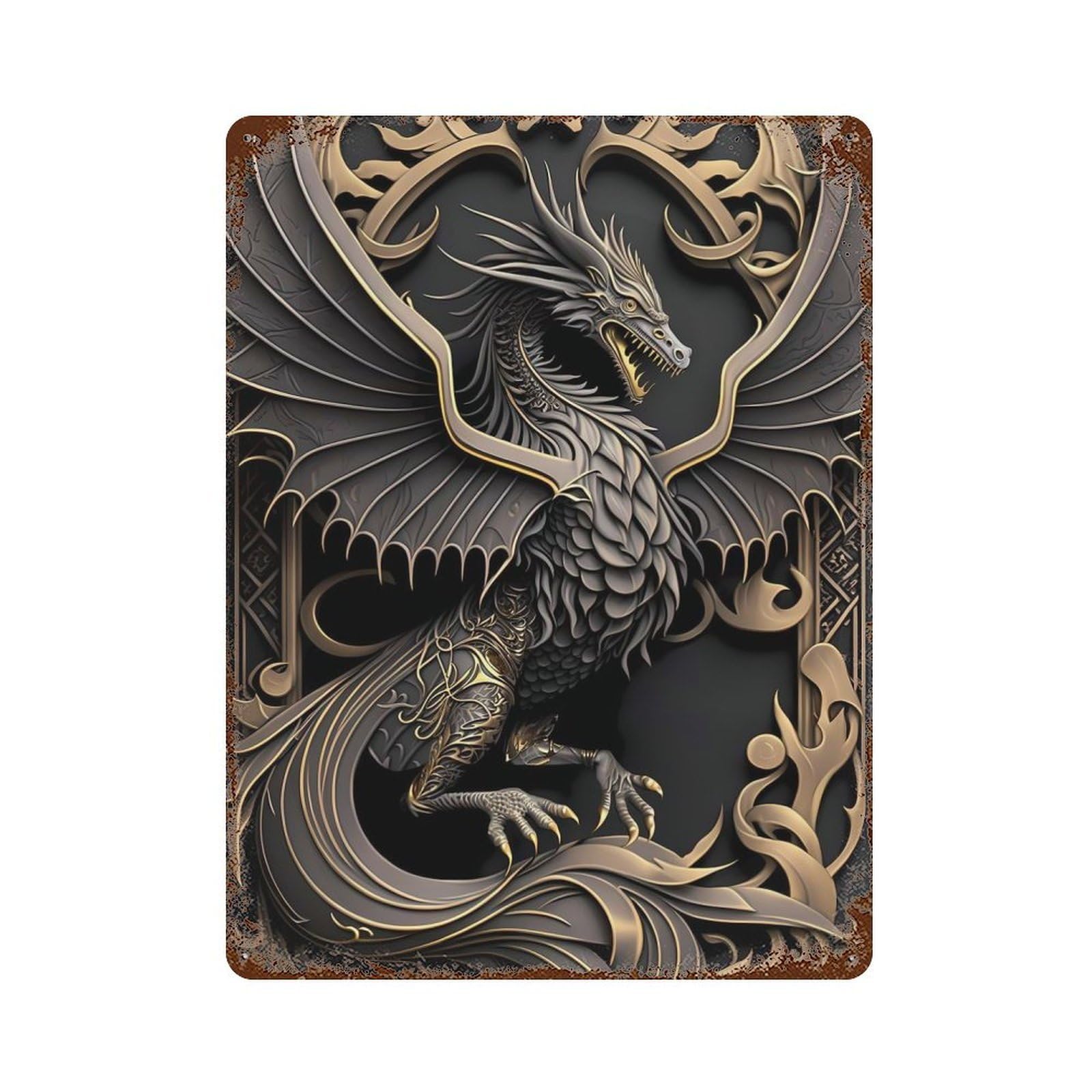 Rust Effect Golden Legend Dragon Rusty Metal Tin Sign 15.7"x11.8", Farmhouse Wall Decor for Cafe, Home Bar And Lounge Decor