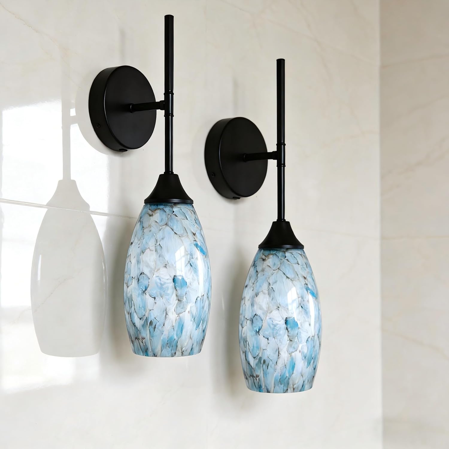 Matte Black Blue Marble Glass Wall Sconces Set of 2,Hardwired Indoor Wall Light Fixtures for Living Room, Hallway, Bedroom, Ceramic E26 Sockets (Bulbs Not Included)