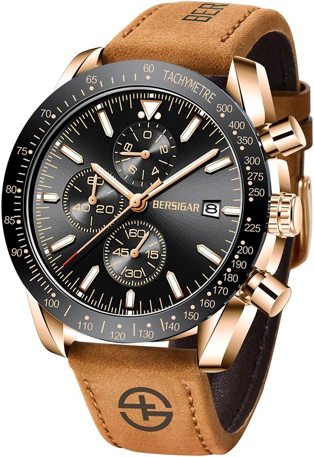 BY BENYARStylish Wrist Watch for Men, Genuine Leather Strap Watches, Perfect Quartz Movement, Waterproof and Scratch Resistant, Analog Chronograph Business Watches, Best Mens Gift
