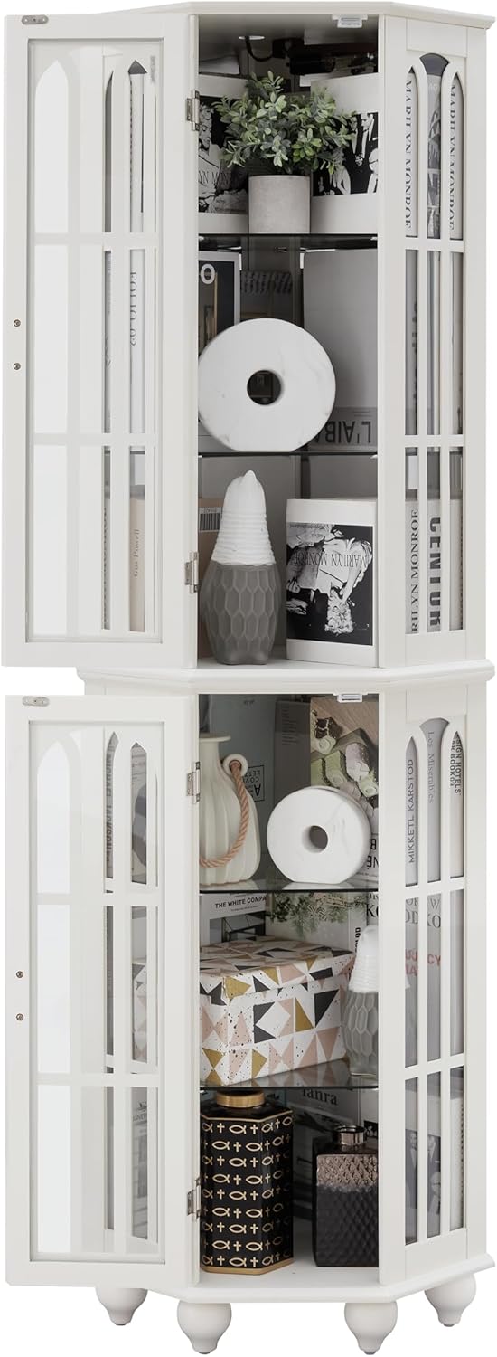 Tall ​Corner Cabinet with Glass Doors Glass Display Curio Cabinet with Adjustable Shelves Home Office Floor Standing Display Cabinet for Bar Liquor Storage Medal E26 Light Bulb Not Included White