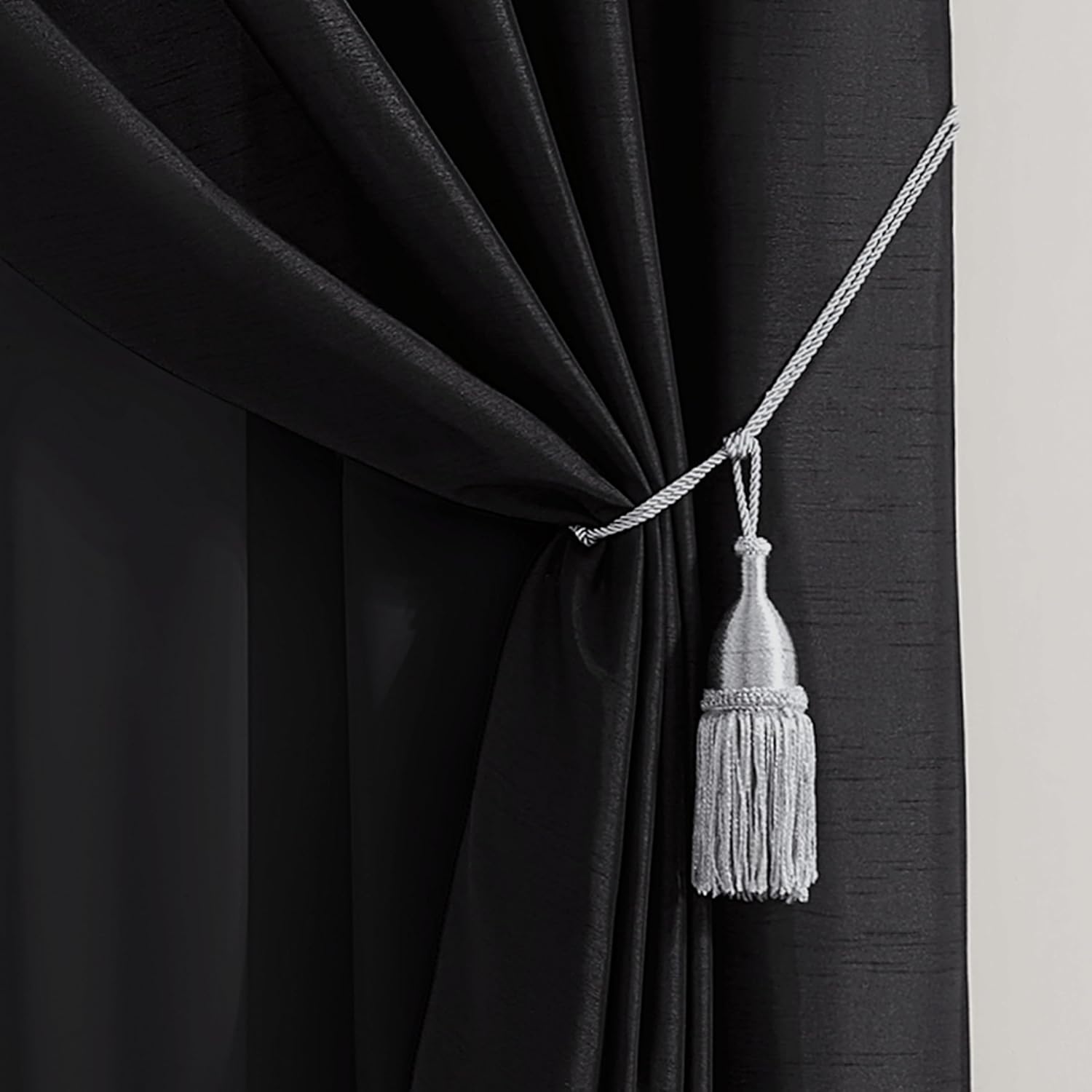 Chezmoi Collection Royale 4-Piece Jacquard Floral Window Curtain/Drape Set with Sheer Backing Valance Tassels, Black/Silver
