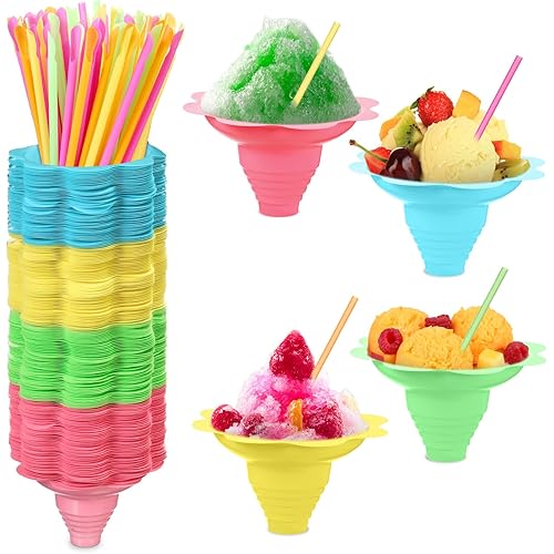 Boao 490 Pieces 5oz Colorful Flower Snow Cone Cups with Spoon Straws, Plastic Shaved Ice Reusable Snow Cone Bowls Supply Shaved, Snack, Ice Cream for Summer, Holiday, Party, Cookout