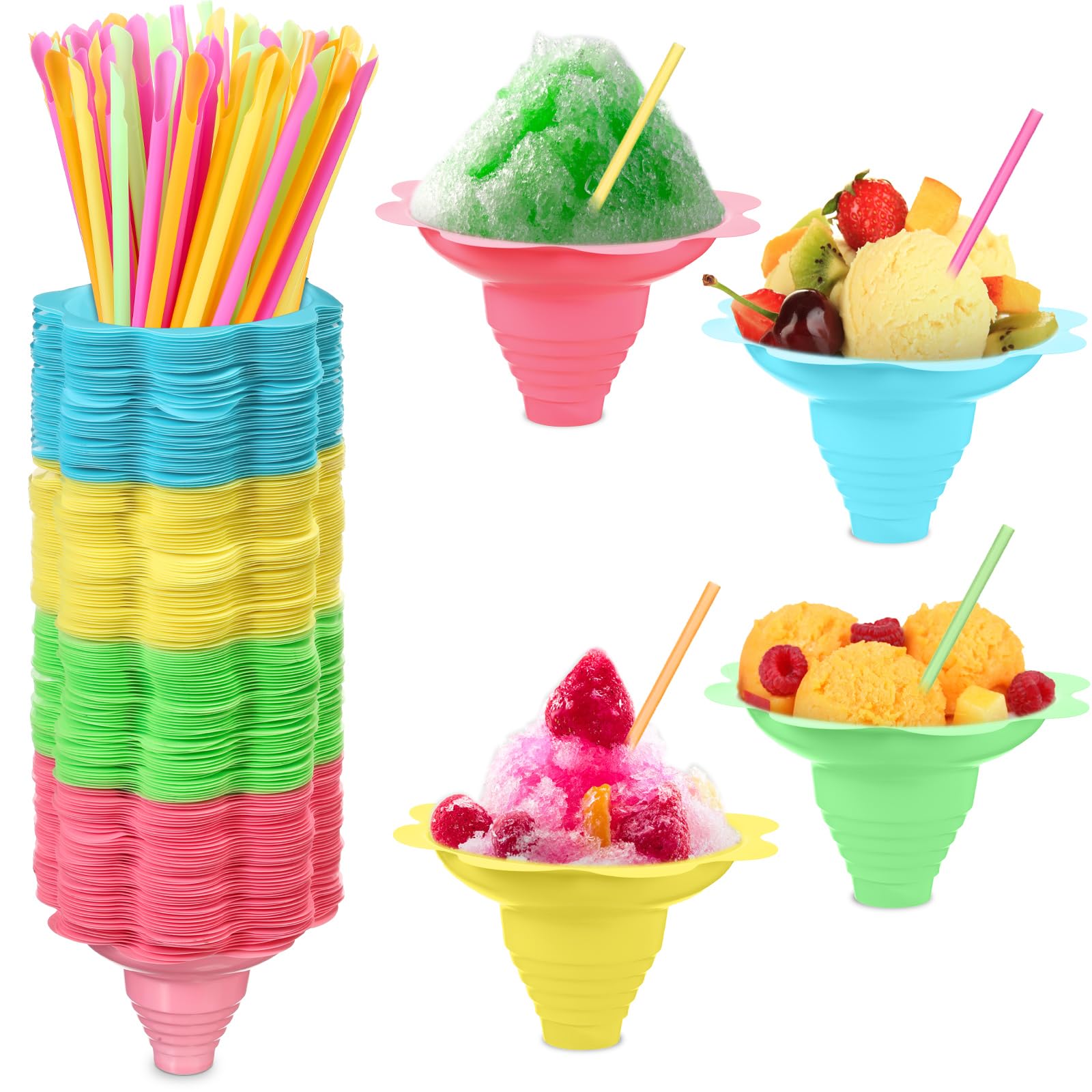 Boao 400 Pcs 5oz Shaved Ice Flower Cups with Spoon Straws, Plastic