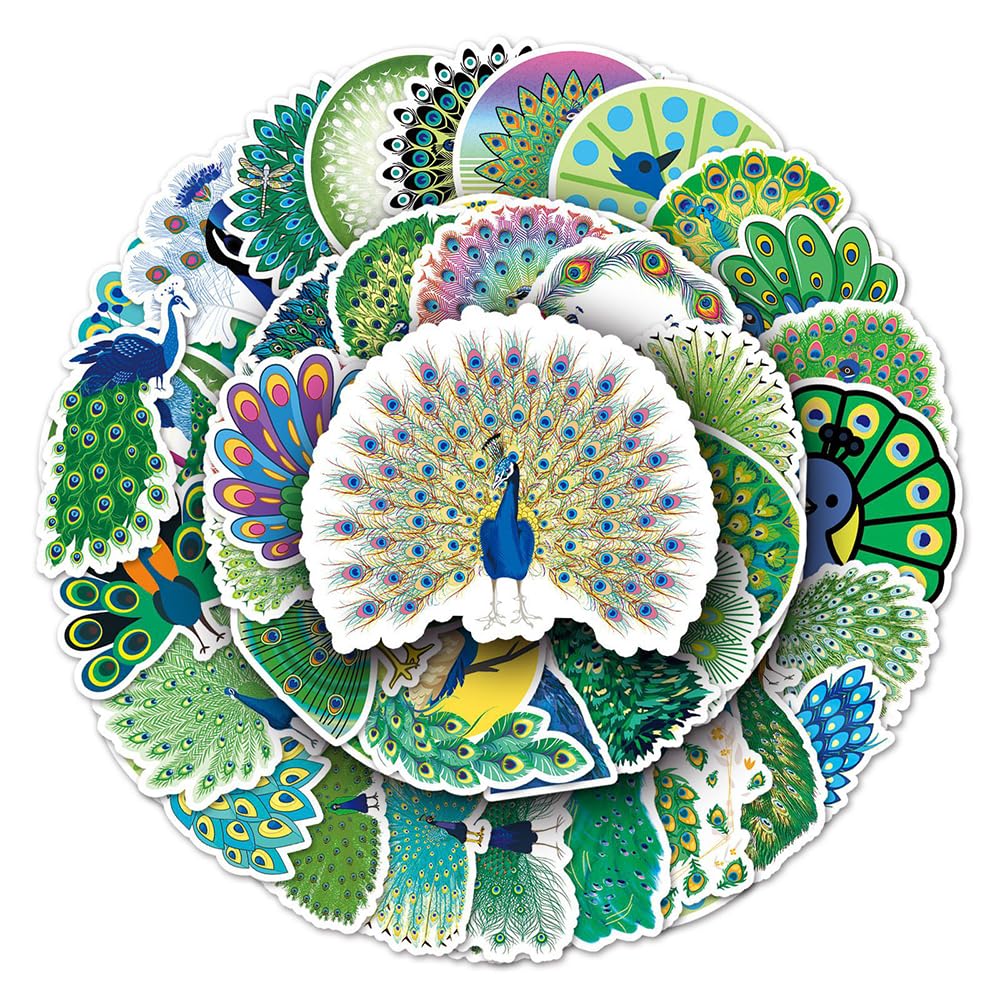Trendy Peacock Vinyl Stickers, 50 PCS Waterproof Decorative Bird Decals for Laptops Scrapbooking, Journals, Notebooks