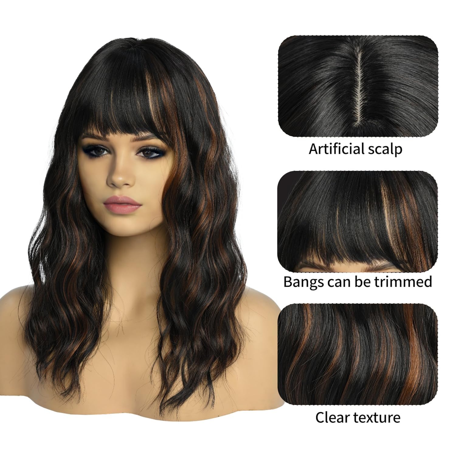 SIMKAYLEE Medium Length Wavy Dark Brown Wig Highlights with Bangs for Women Mid Length Brown Highlighted Wigs with Fringe Long Wave Brown Synthetic Fiber Wig for Daily Party Use (16 inch) - Image 4