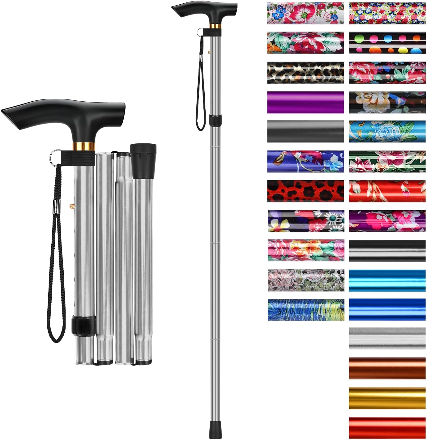 supregear Folding Cane, 5-Level Adjustable Height Walking Stick Lightweight Collapsible Portable Travel Cane with Wrist Strap and T Handle for Elderly Disabled Men Women