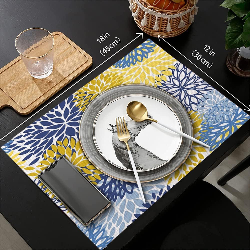 Cotton Linen Table Runner and Placemats Set of 6,Blue and Yellow Flowers Home Table Decor for Dining Farmhouse Wedding Party Holiday Dinner,13X70 Inches image 5