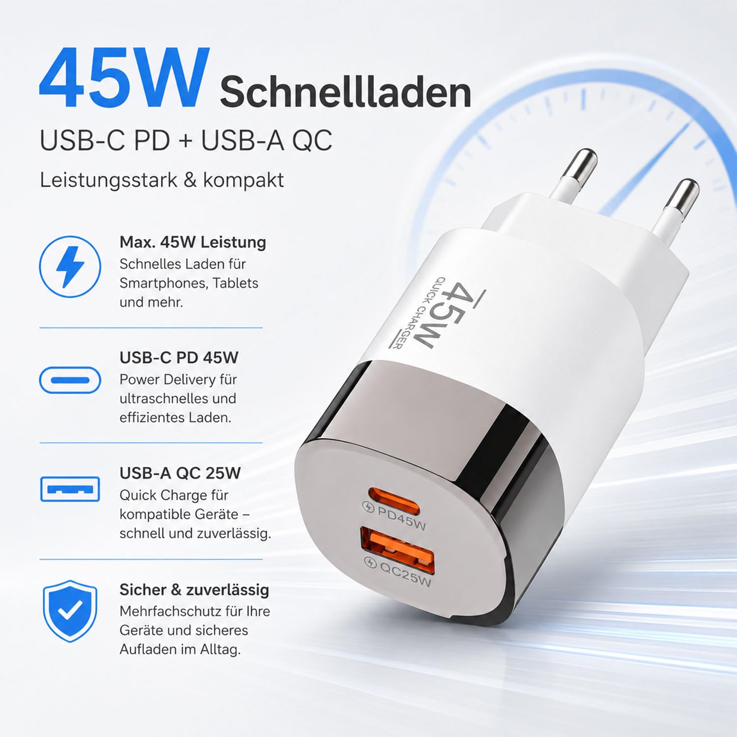 ERBO ładowarka USB C 45W, 2 porty szybkiego ładowania USB-C, zasilacz sieciowy PD, szybkie ładowanie do Samsung Galaxy S25/S24/S23, iPhone 17/16/15, iPad, Google Pixel i tablet, biały