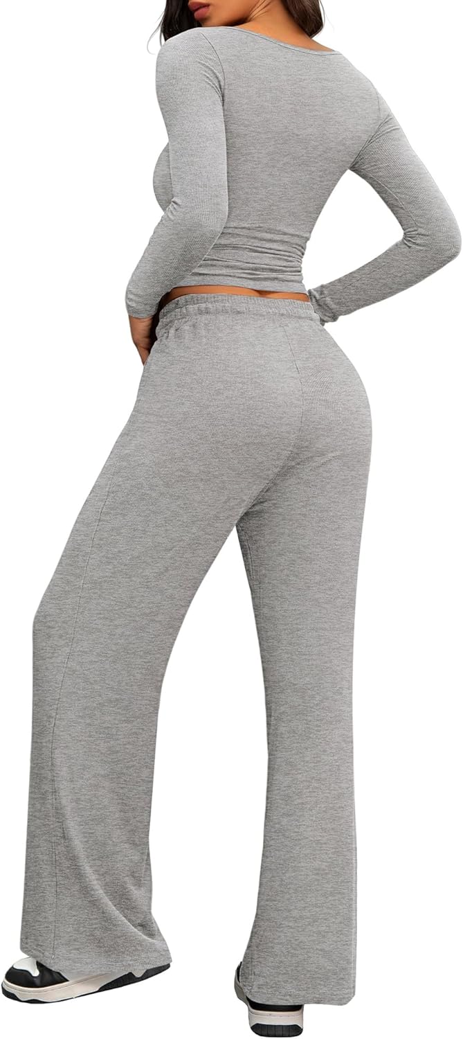 Cozy 2 Piece Lounge Sets for Women, Side Ruched Long Sleeve Top & Wide Leg Pants Casual Matching Tracksuit for Home & Travel - Image 5