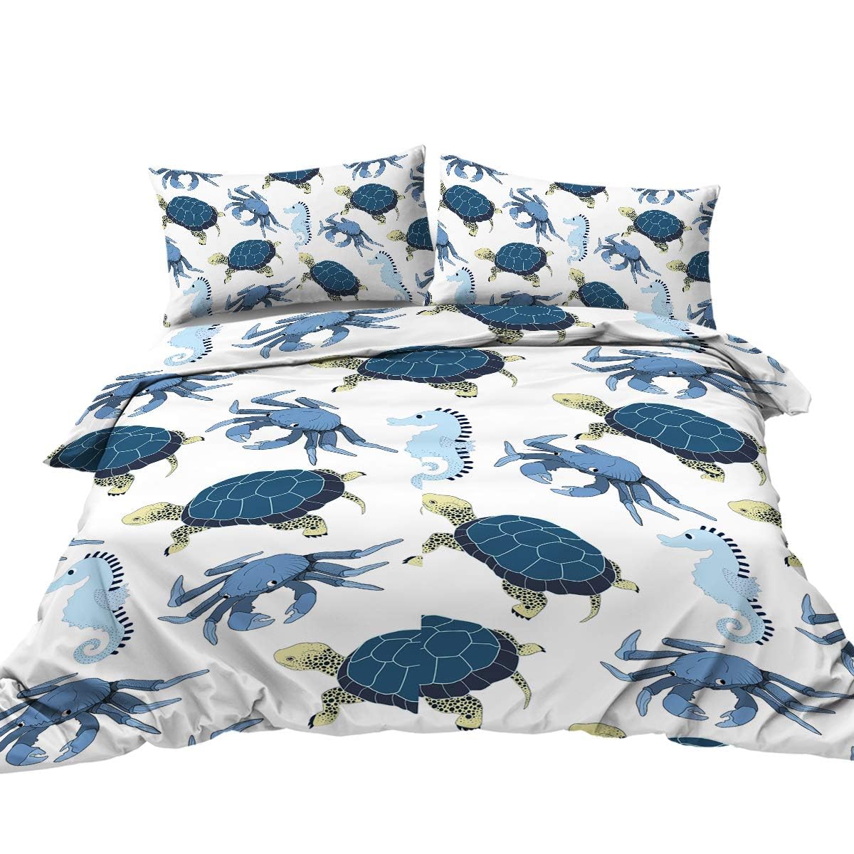 BlessLiving Sea Turtle Bedding Under the Sea Duvet Cover Set Kids Teens Seahorse Crab Watercolor Blue Sealife Ocean Bedding Sets 1 Duvet Cover 2 Pillowcases (Double)